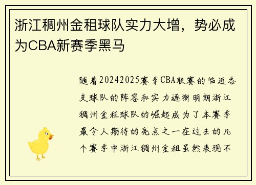 浙江稠州金租球队实力大增，势必成为CBA新赛季黑马